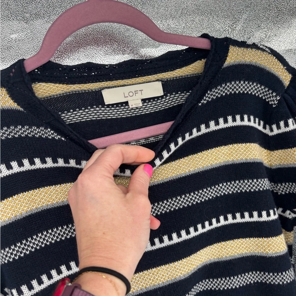 Loft Navy & Gold Striped Scallop Neck Sweater